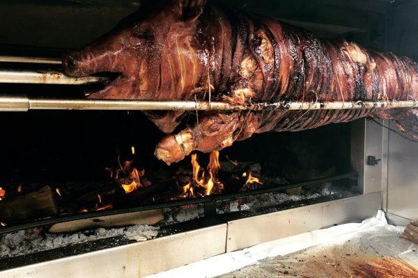 pig n a wood fire spit